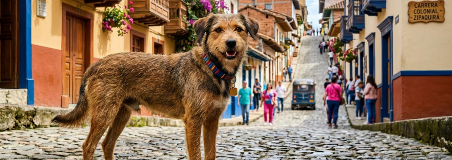 Brown dog standing on a cobblestone street with colorful buildings and people in the background