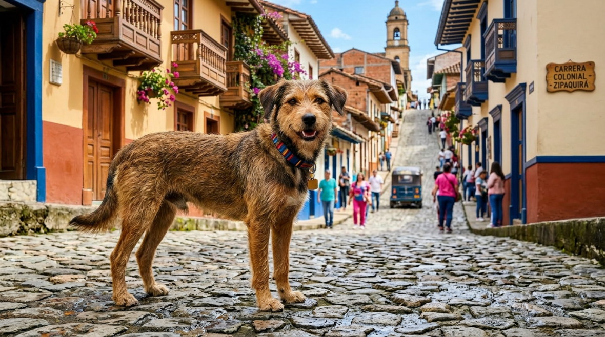 Brown dog standing on a cobblestone street with colorful buildings and people in the background