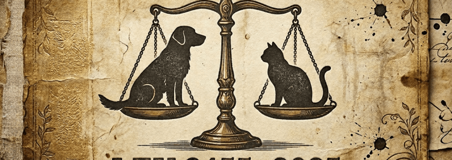 Scales balancing a dog and a cat with text LAW 2455 2025