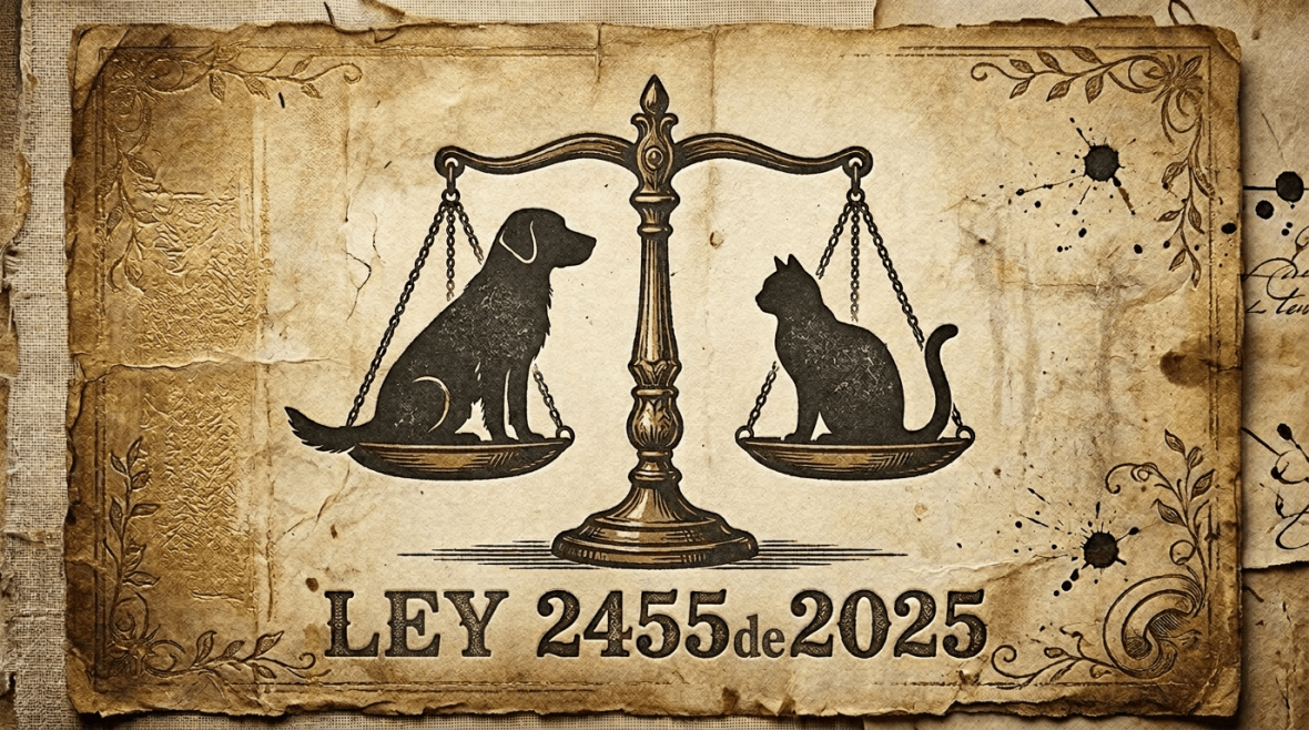 Scales balancing a dog and a cat with text LAW 2455 2025