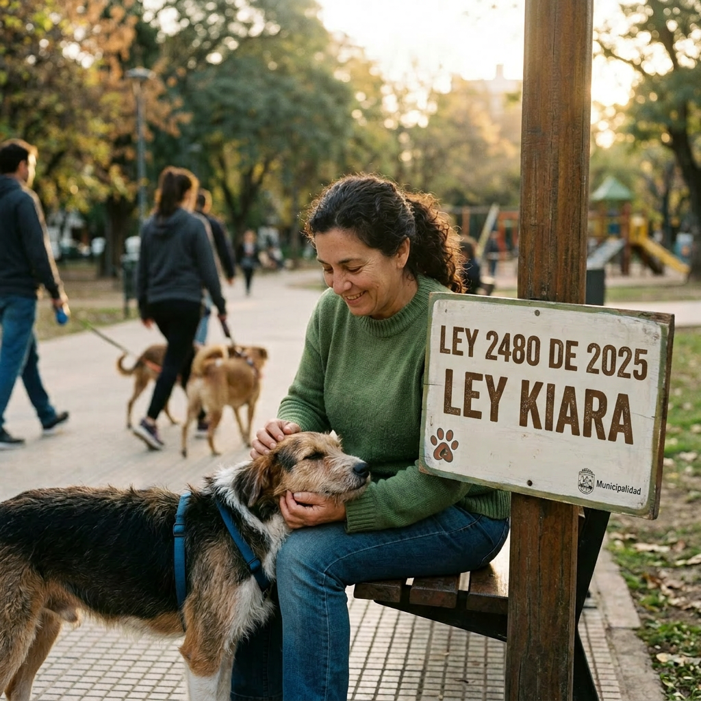 Woman sitting on park bench petting smiling dog beside animal protection law sign